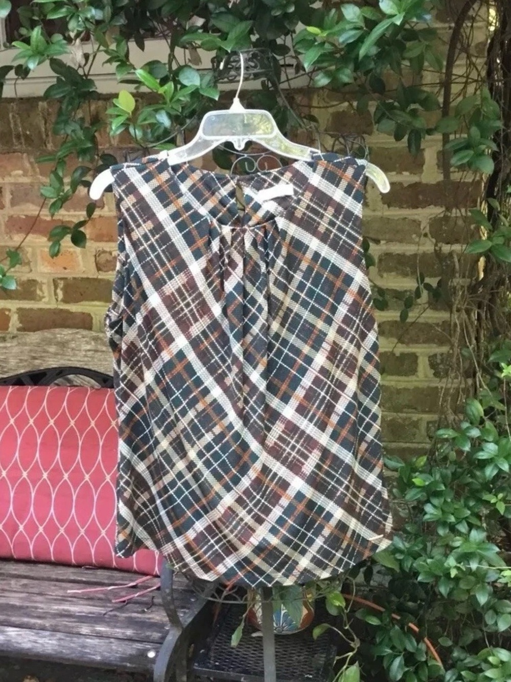 Calvin Klein- BROWN PLAID POLYKNIT SHIRT TOP- Size L/XL?- EUC